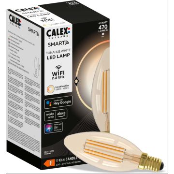 Calex | Smart | Kaars B35 | Goud Full Glass Straight Filament | 4.9W | E14 fitting | Dimbaar met app