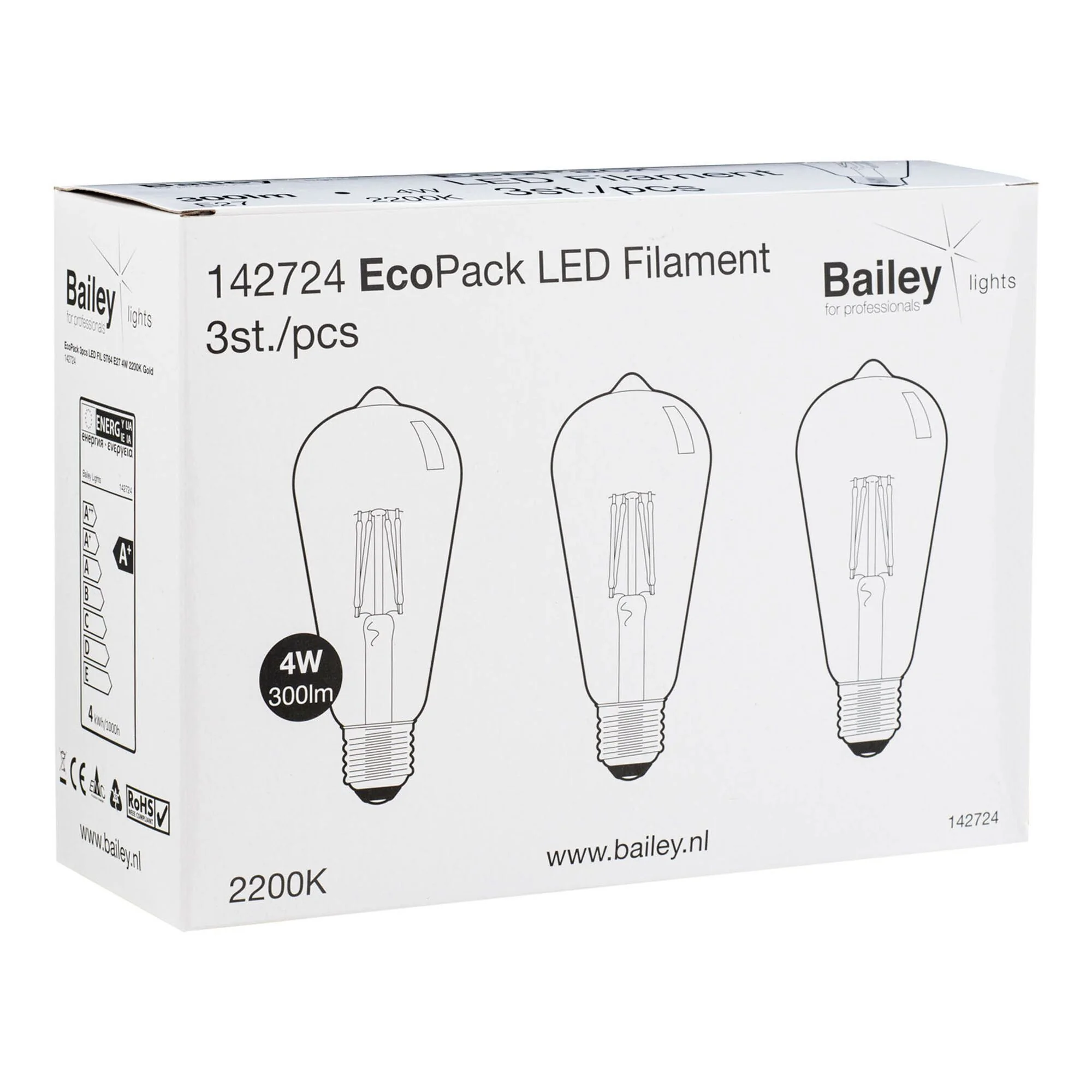 Bailey | 3x LED-valoputkilamppu | Suuri kanta E27 | 4W