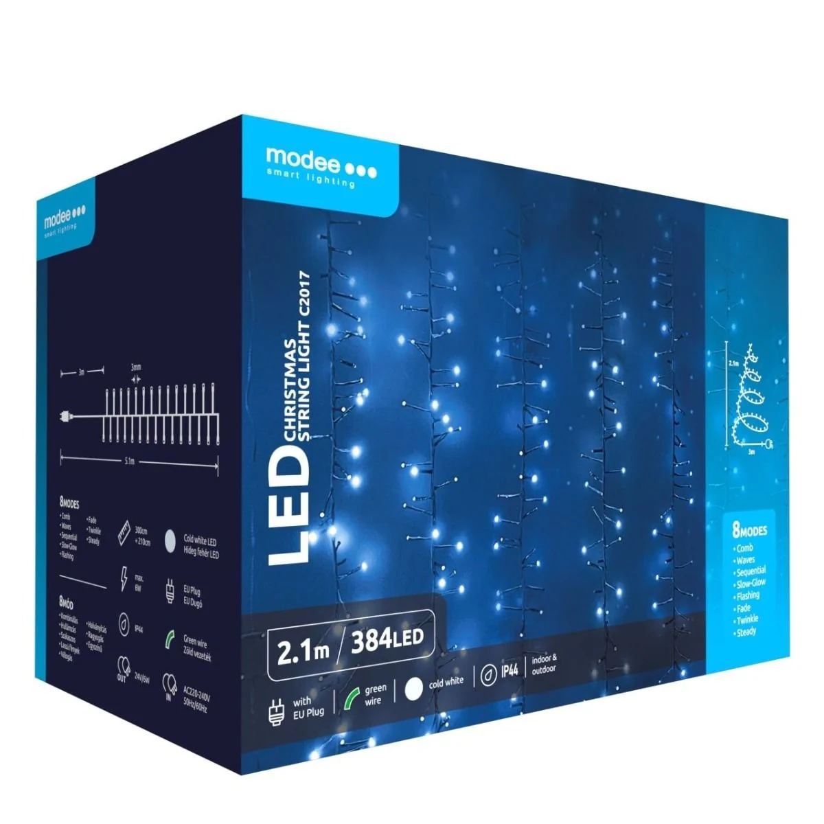 Modee | Jouluvalot LED-valonjohto | 2.1m | 384 valoa 8 valovaiheella |IP44 | Kylmä valkoinen valoa