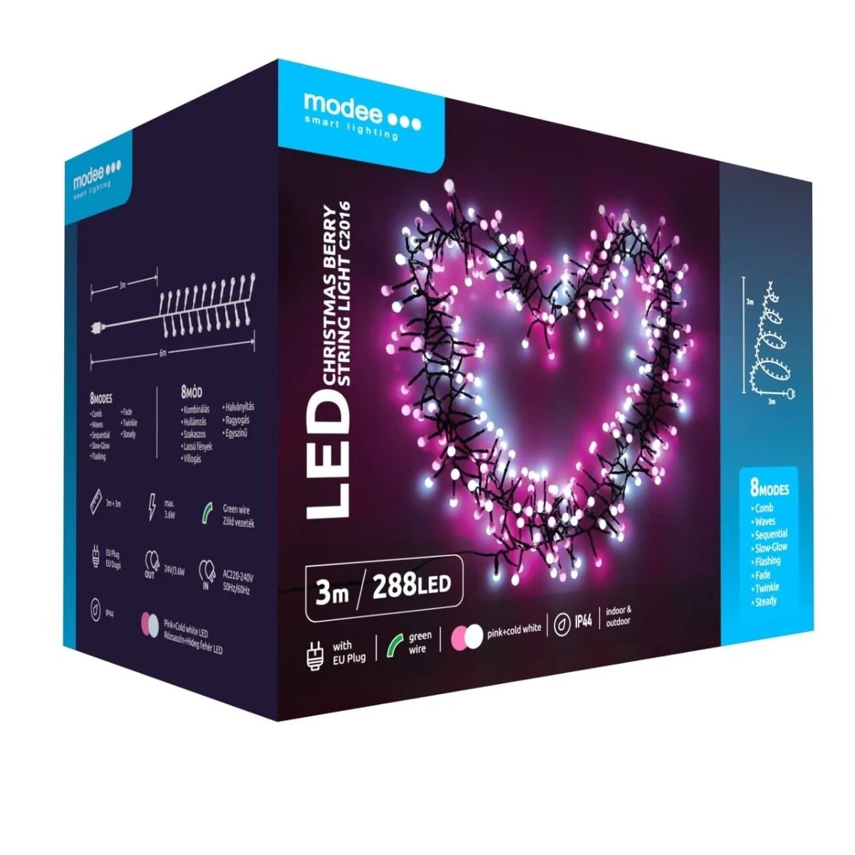 Modee | Jouluvalot LED-valonjohto | 3m | 288 valoa 8 valotilaa | IP44 | Vaaleanpunainen ja kylmä valkoinen valo
